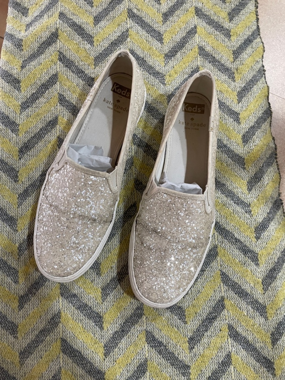 kate spade glitter slip-on sneakers — champagne sparkle